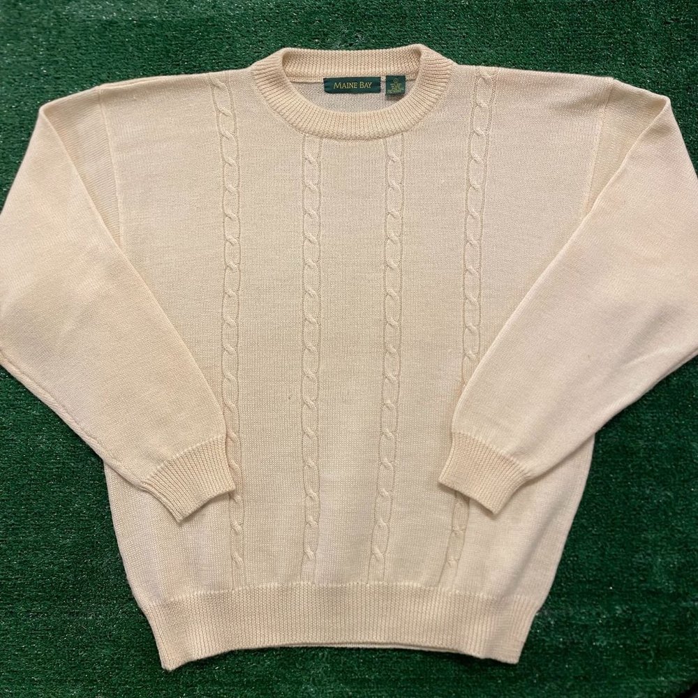 Vintage 90s 100% Wool Cable Knit Crewneck Sweater Beige XL Preppy Grunge